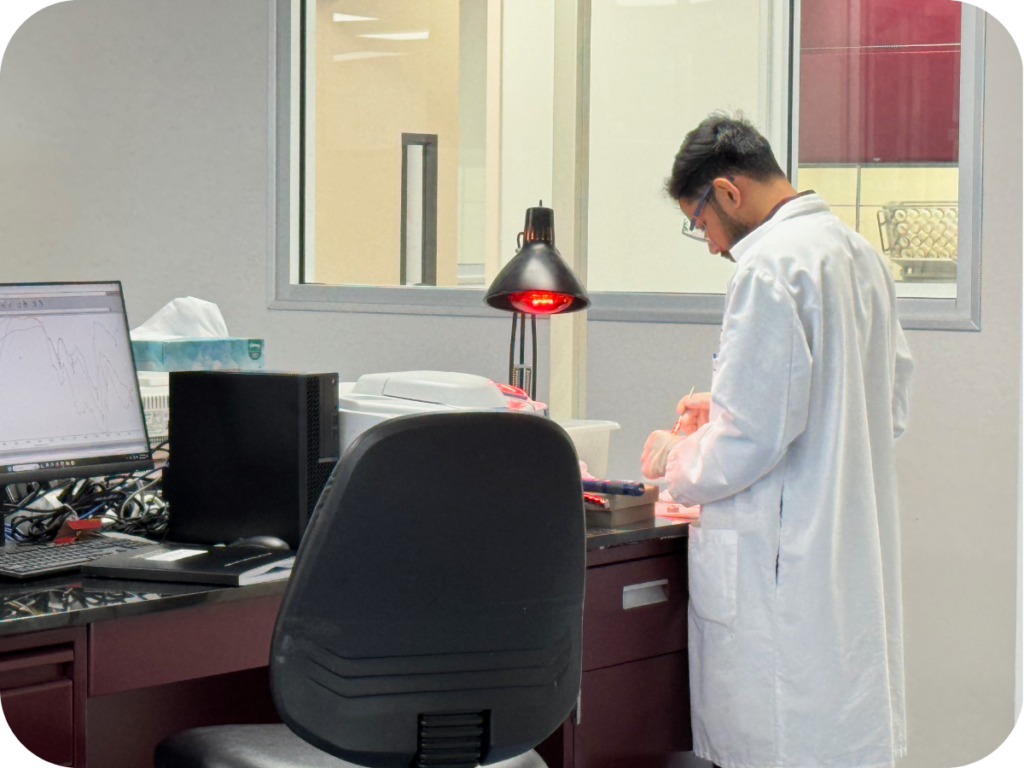 pharmacist working under red light