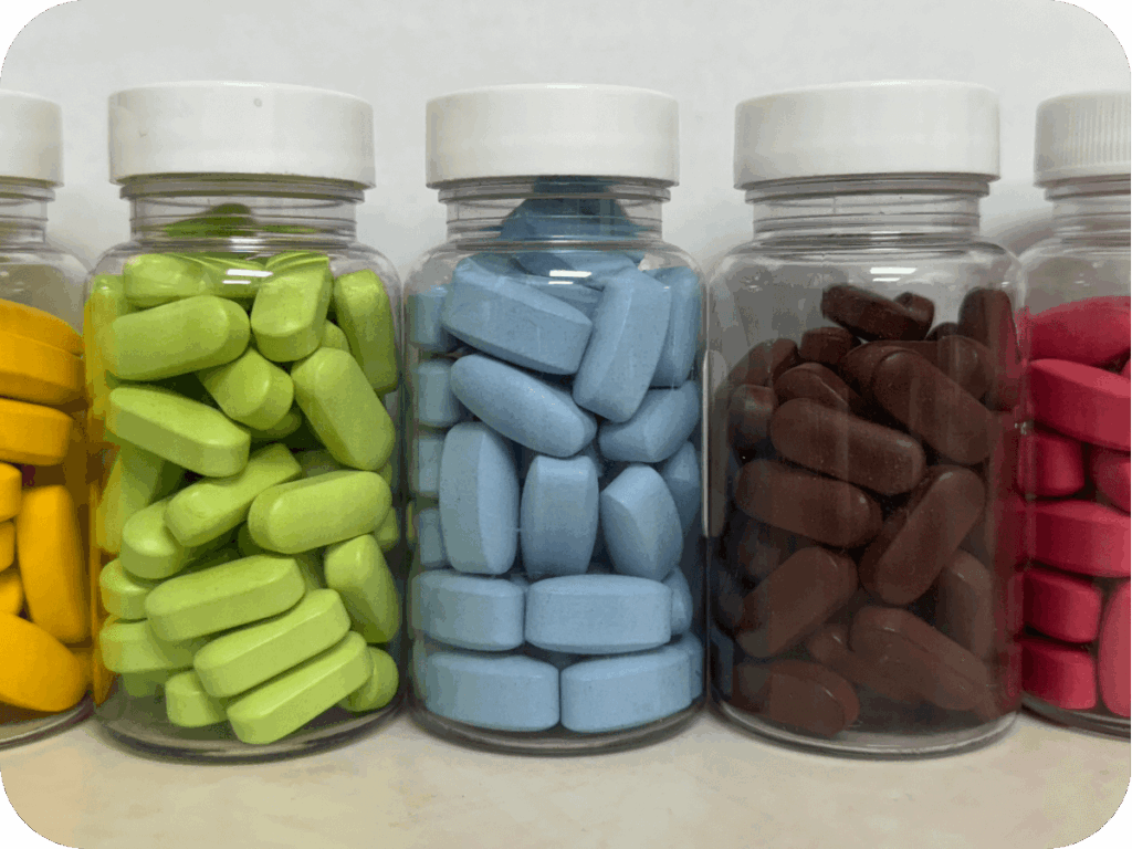 colorful supplements in bottles