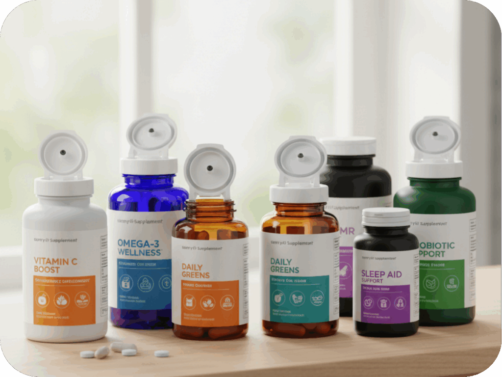 variety of supplements with flip-top lids and custom labels