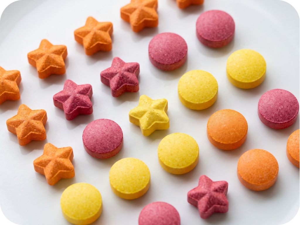 Colorful chewable health supplement tablets in orange, red, and yellow arranged on a white background.