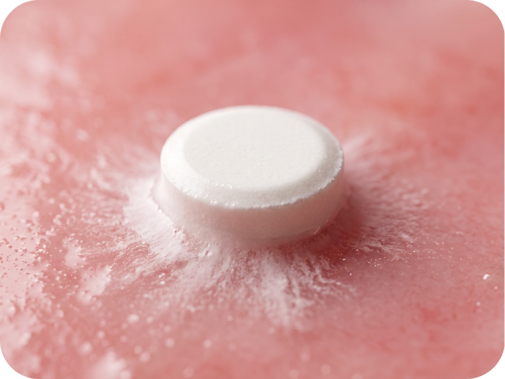 Close-up macro view of a quick-dissolving melt-away tablet on a clean surface.