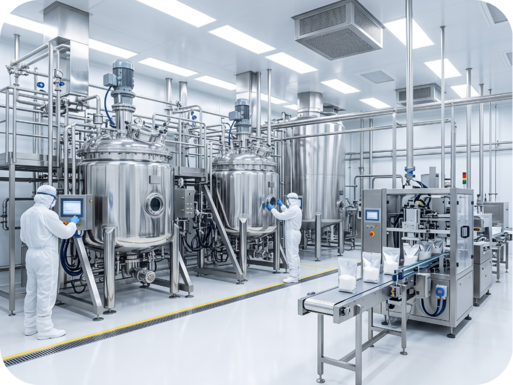 Large industrial stainless steel V-blenders inside a sterile cGMP certified manufacturing facility.