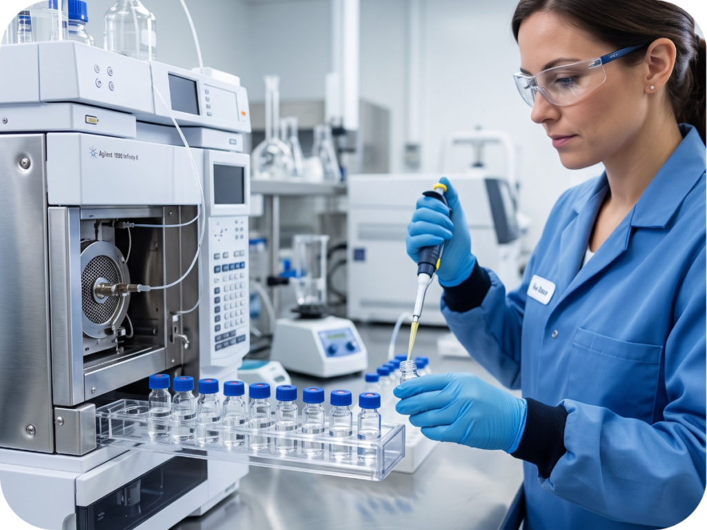 High-tech analytical testing equipment in a scientific quality control laboratory.