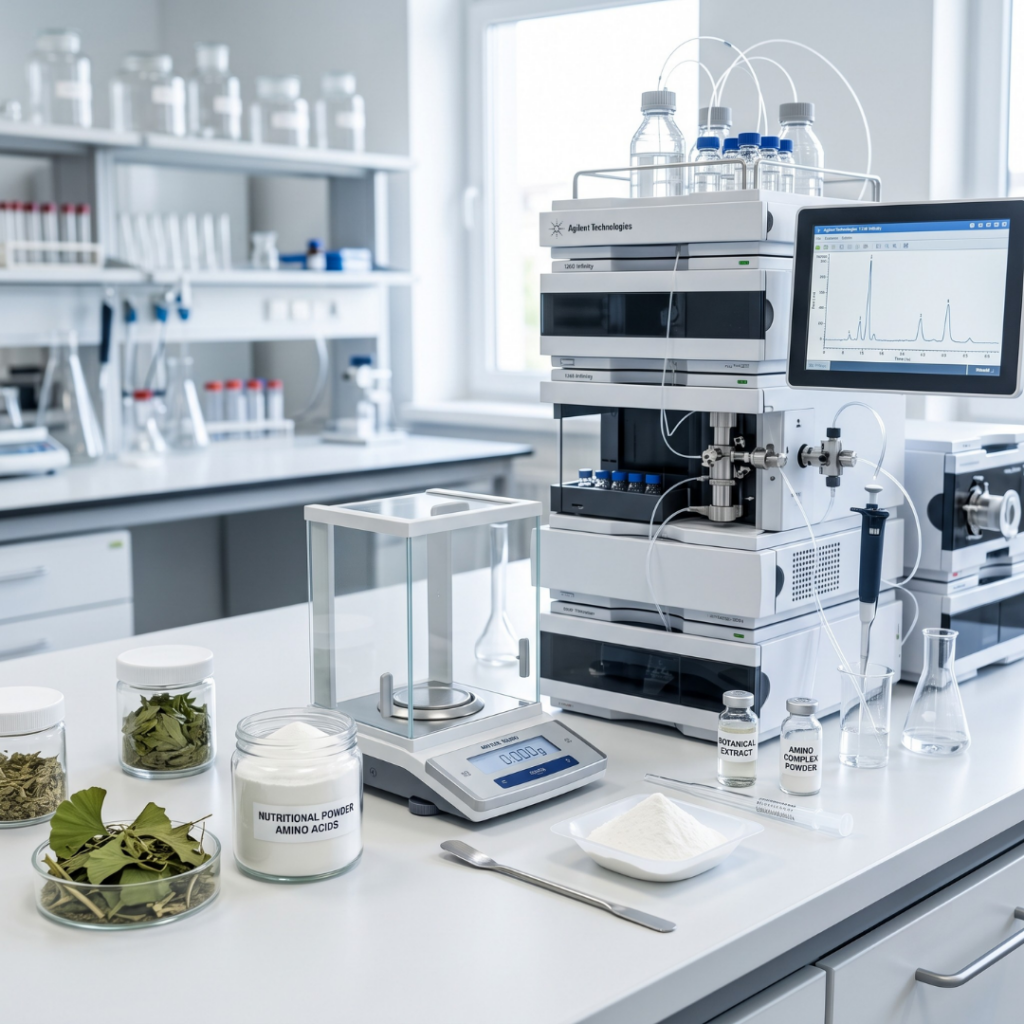 Close-up of raw dietary supplement powder next to advanced liquid chromatography testing machines in a sterile lab.