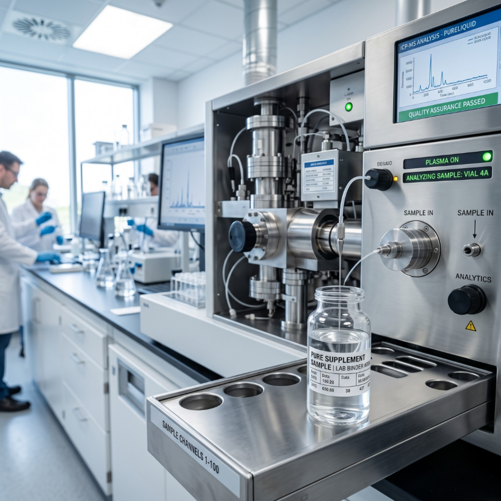State-of-the-art laboratory testing equipment analyzing liquid supplement purity inside a pristine facility.