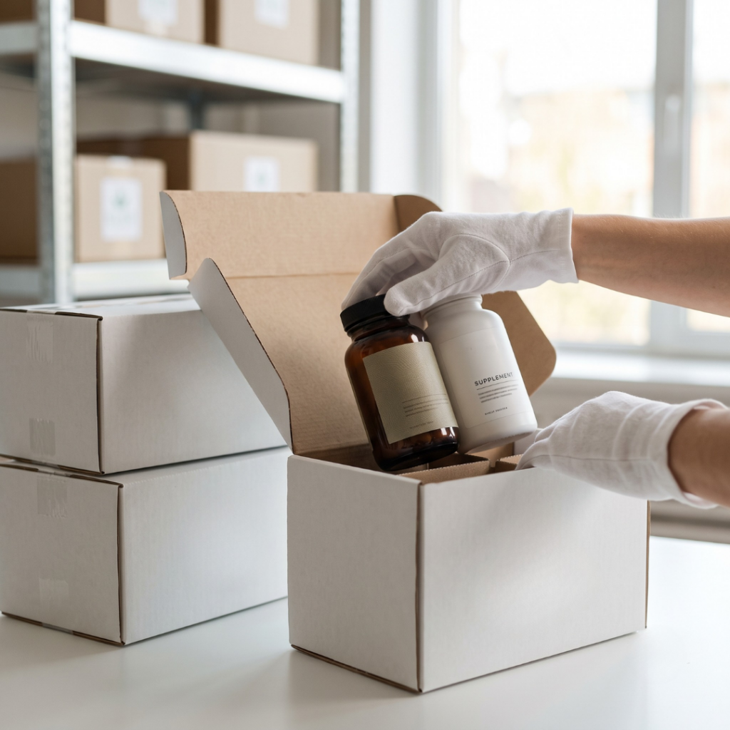 Securely packed, matte-finish supplement bottles inside durable shipping boxes, prepared for reliable distribution.